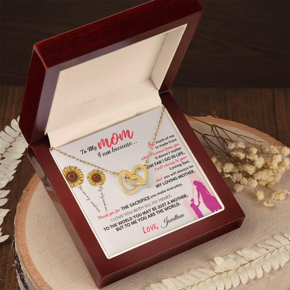 Interlocking Hearts Necklace - To My Mom, I am because (Son) - Love, Personalized with your name