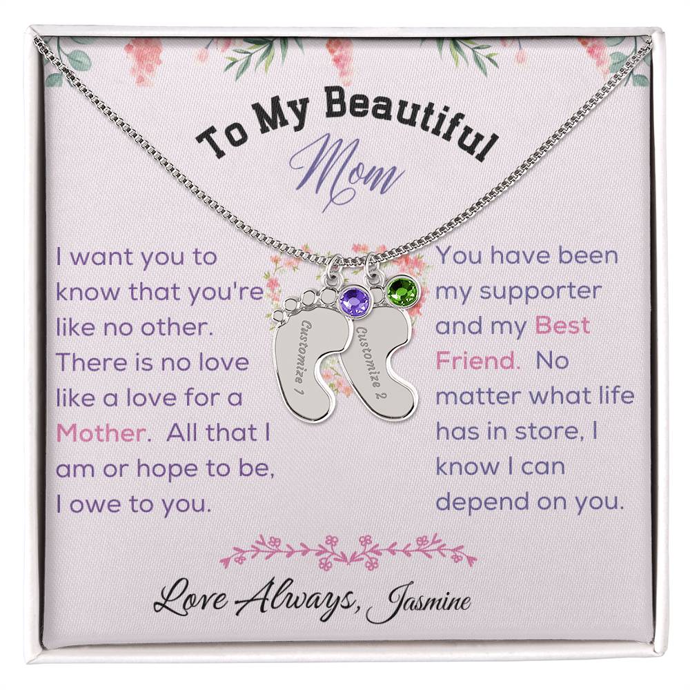 Engraved Baby Feet with Birthstone - To My Beautiful Mom