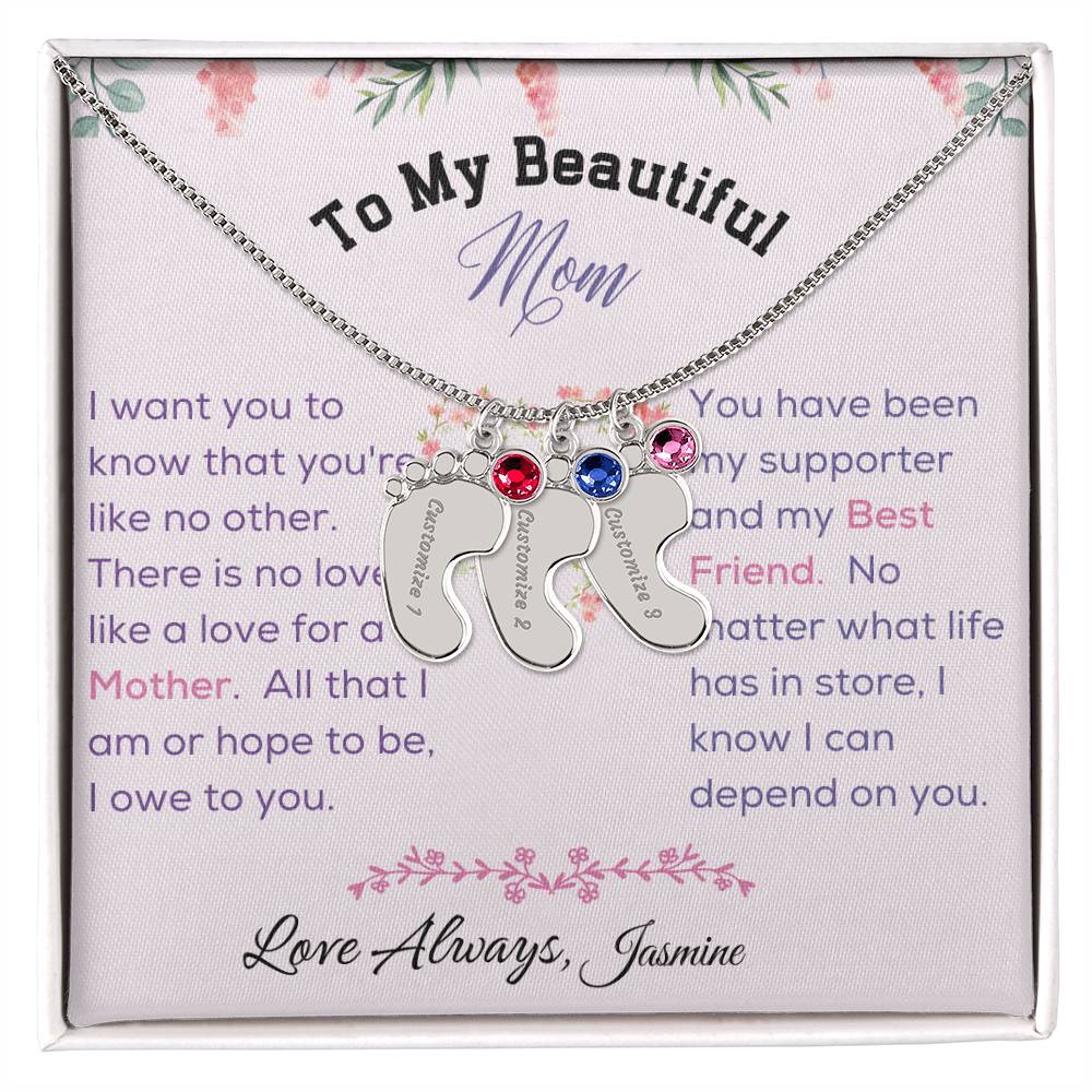 Engraved Baby Feet with Birthstone - To My Beautiful Mom