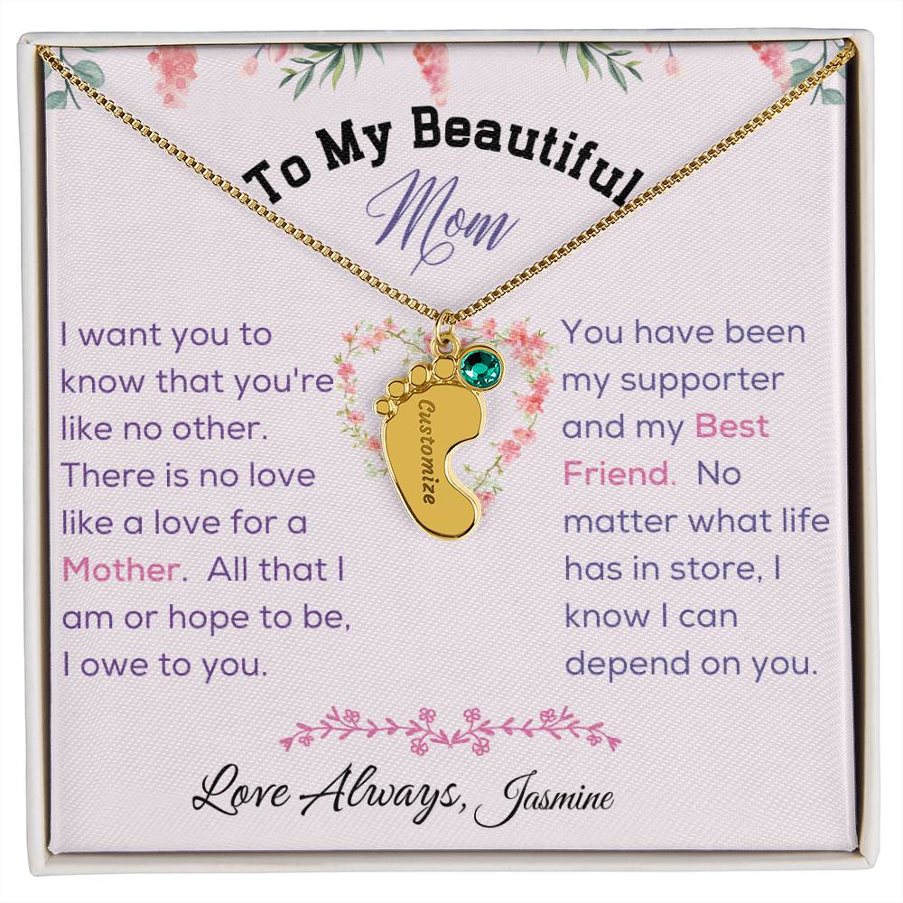 Engraved Baby Feet with Birthstone - To My Beautiful Mom