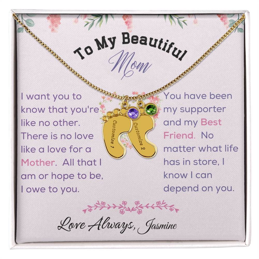 Engraved Baby Feet with Birthstone - To My Beautiful Mom