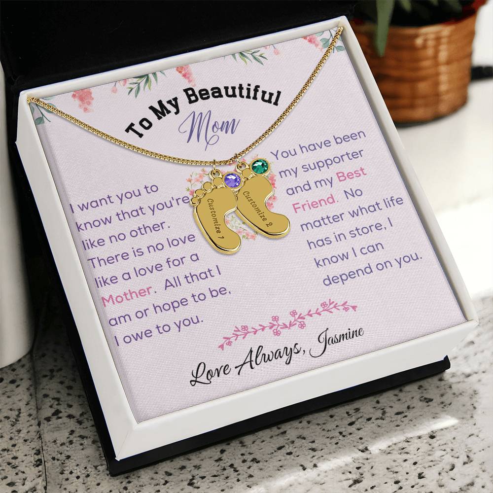 Engraved Baby Feet with Birthstone - To My Beautiful Mom
