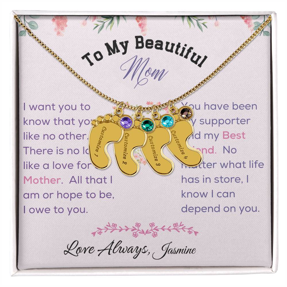 Engraved Baby Feet with Birthstone - To My Beautiful Mom