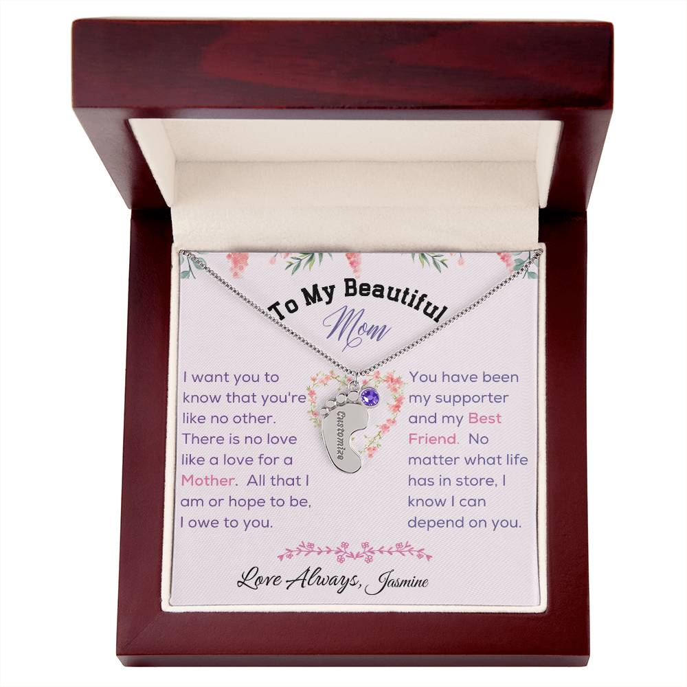 Engraved Baby Feet with Birthstone - To My Beautiful Mom