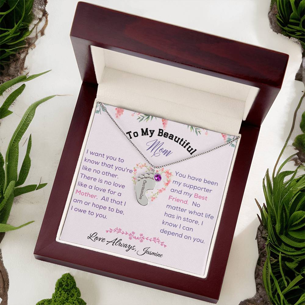 Engraved Baby Feet with Birthstone - To My Beautiful Mom