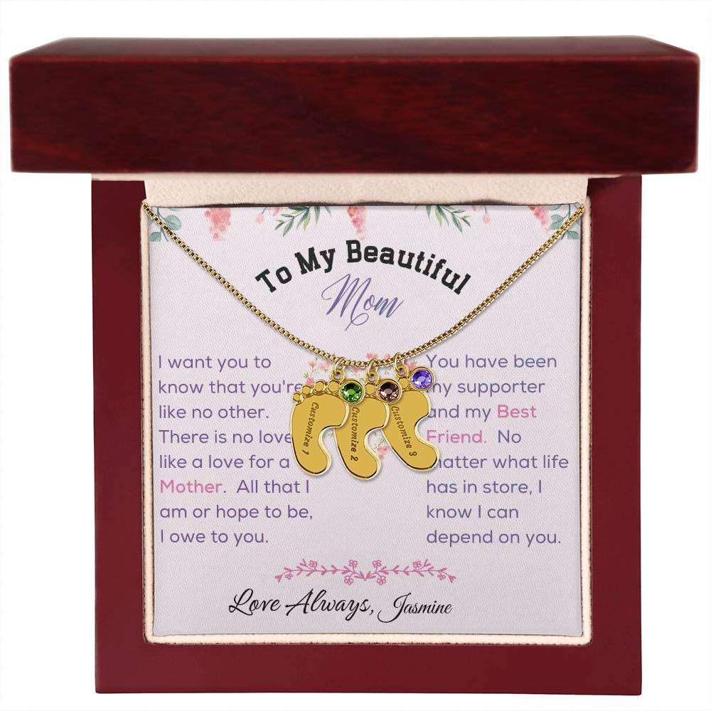 Engraved Baby Feet with Birthstone - To My Beautiful Mom