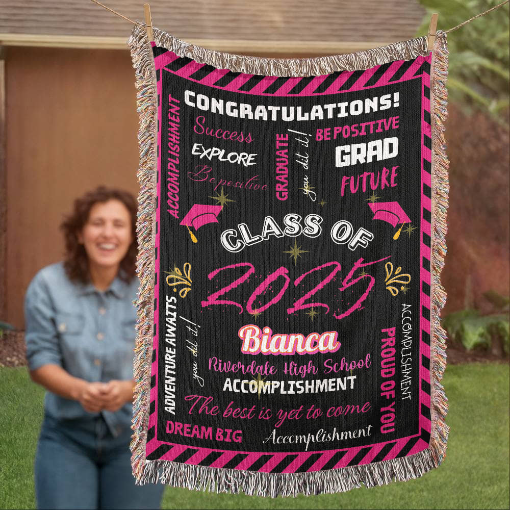 Heirloom Woven Blanket - Graduation Keepsake - Black and Pink