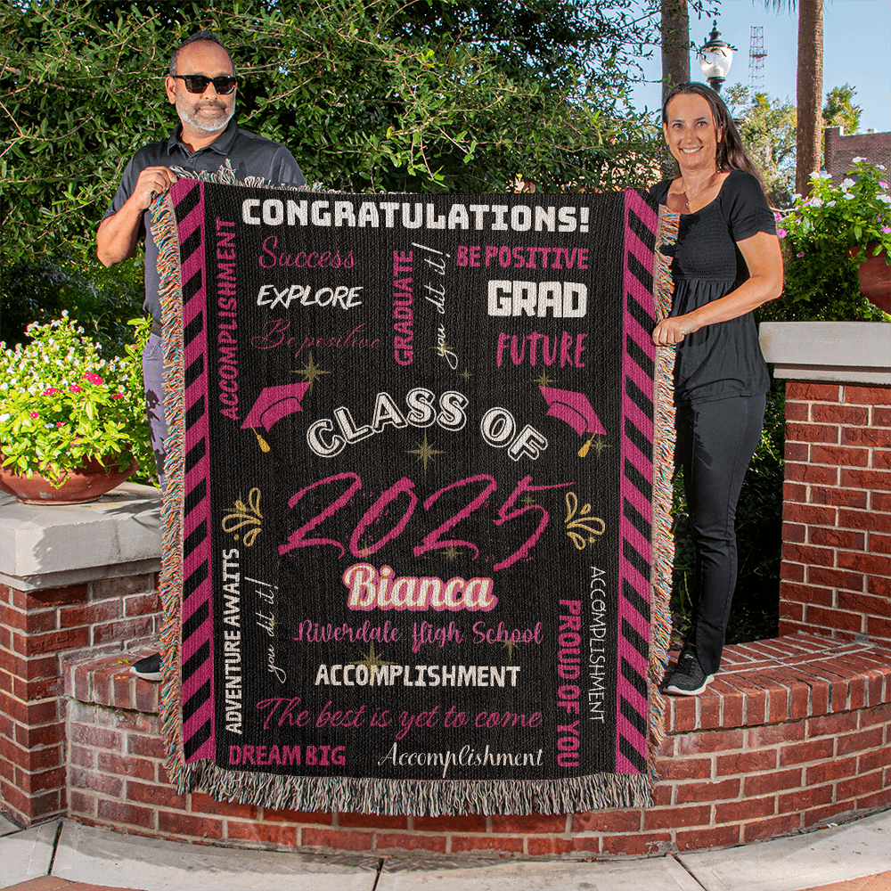 Heirloom Woven Blanket - Graduation Keepsake - Black and Pink