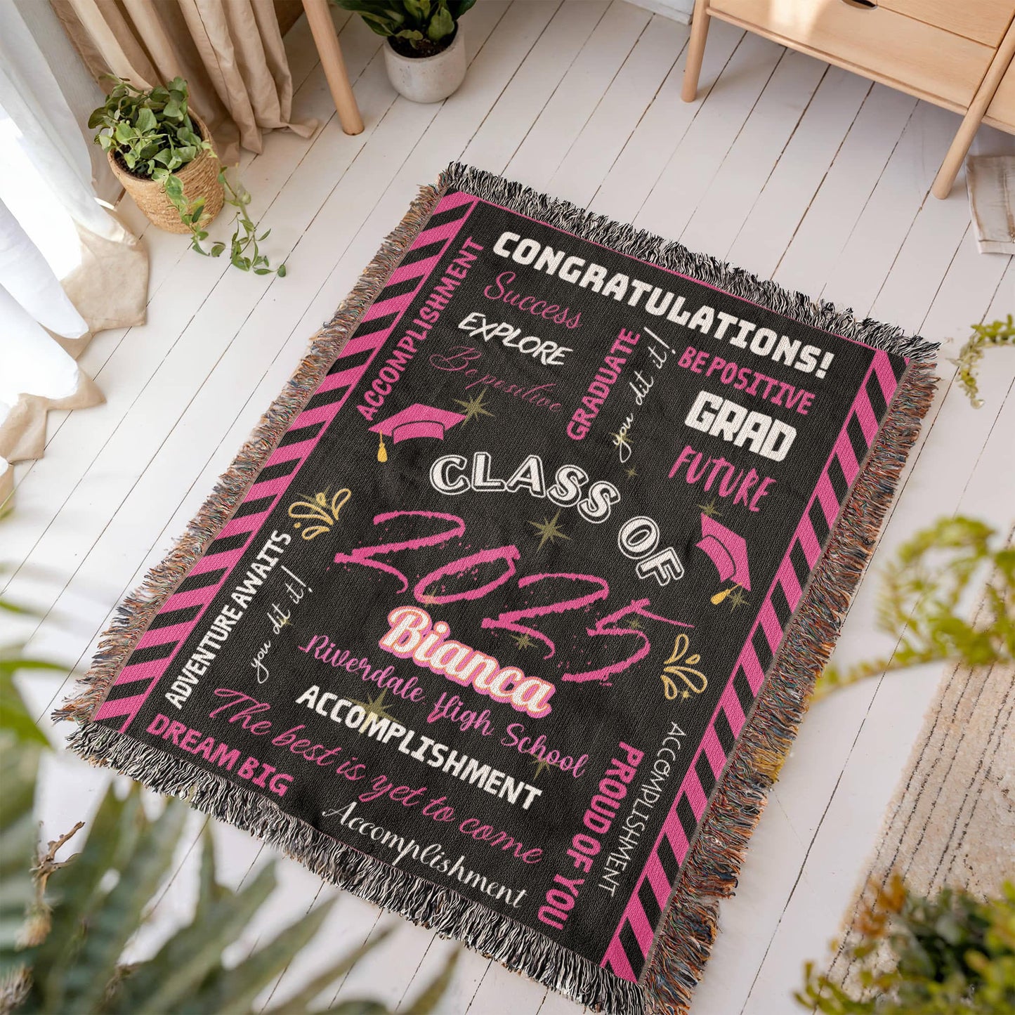 Heirloom Woven Blanket - Graduation Keepsake - Black and Pink