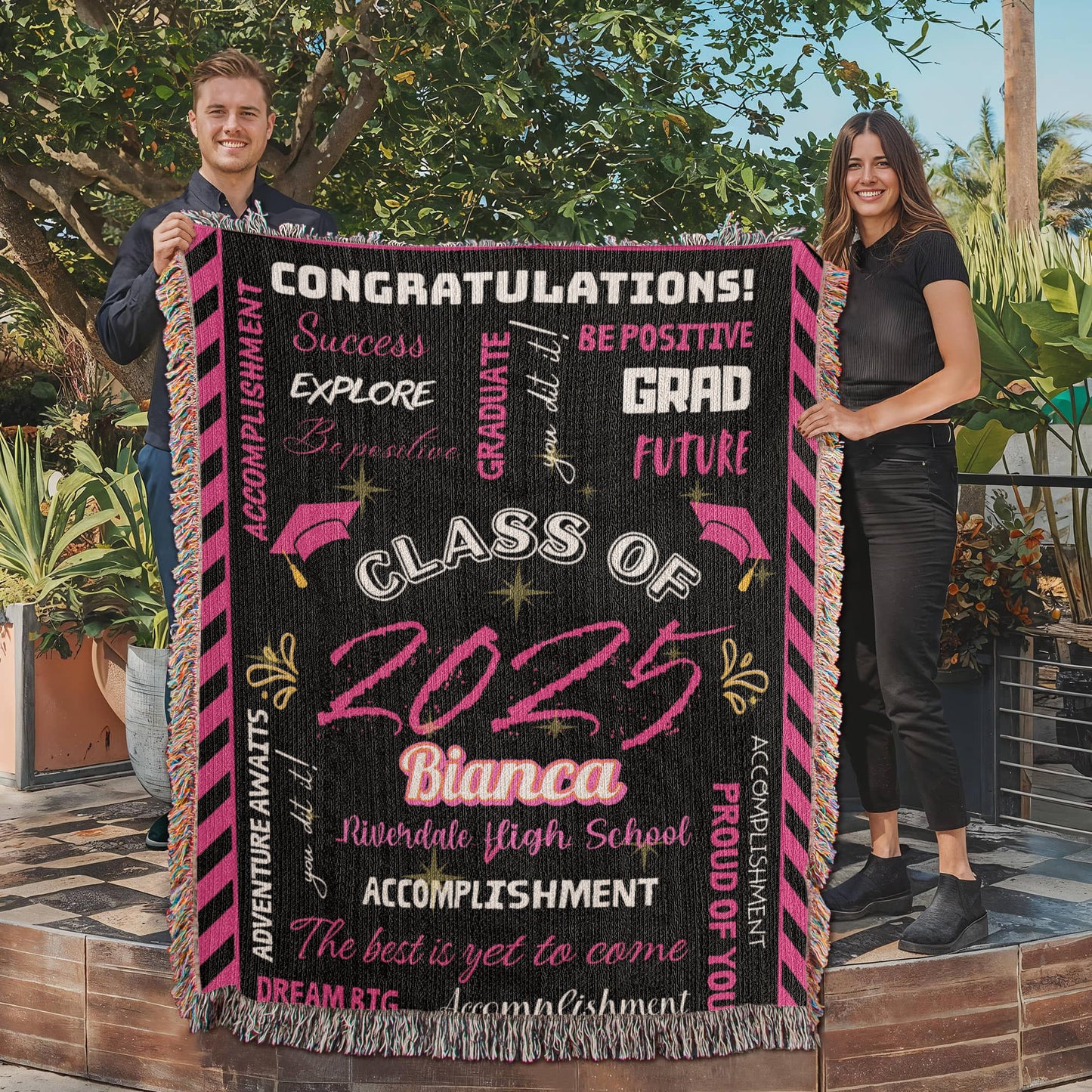 Heirloom Woven Blanket - Graduation Keepsake - Black and Pink
