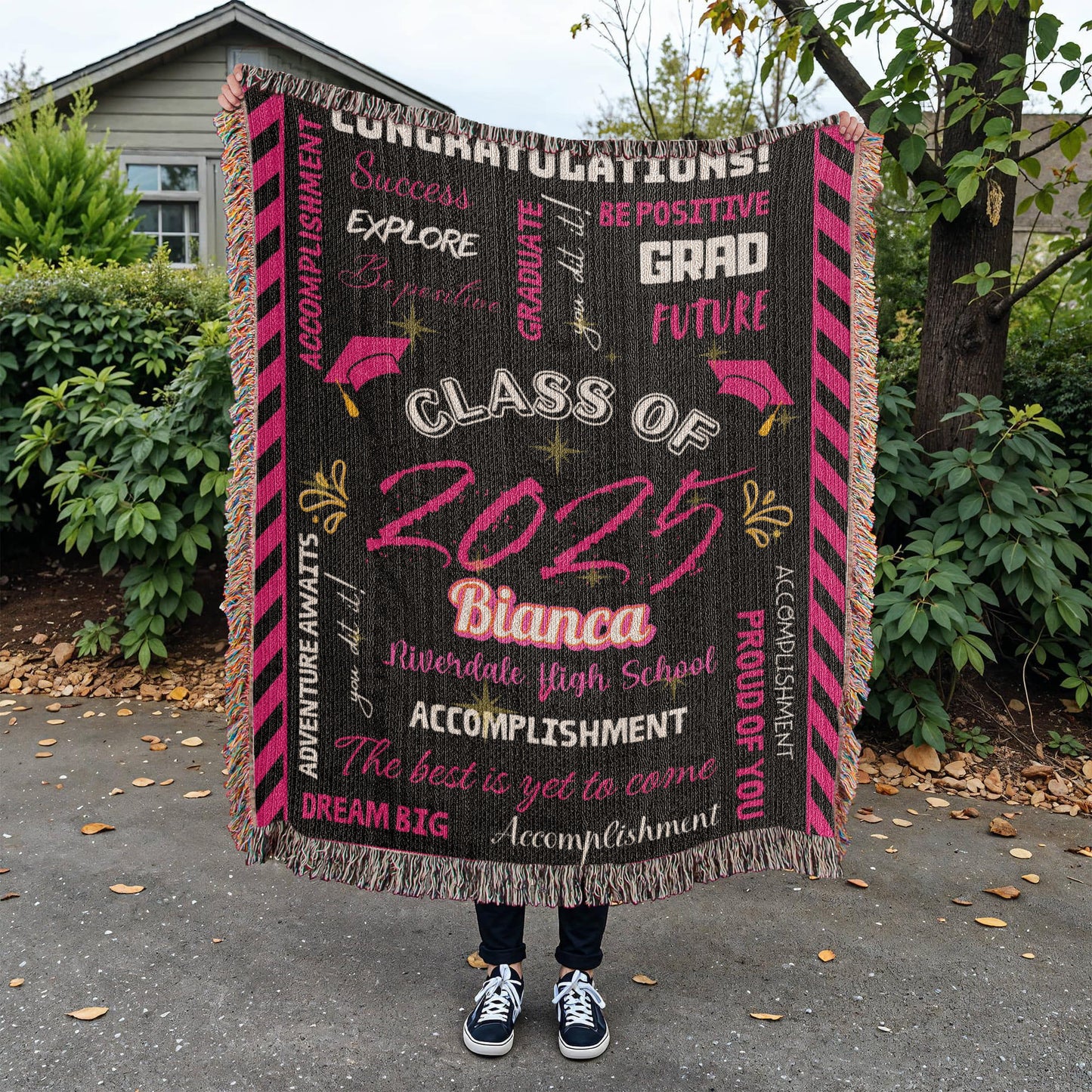 Heirloom Woven Blanket - Graduation Keepsake - Black and Pink