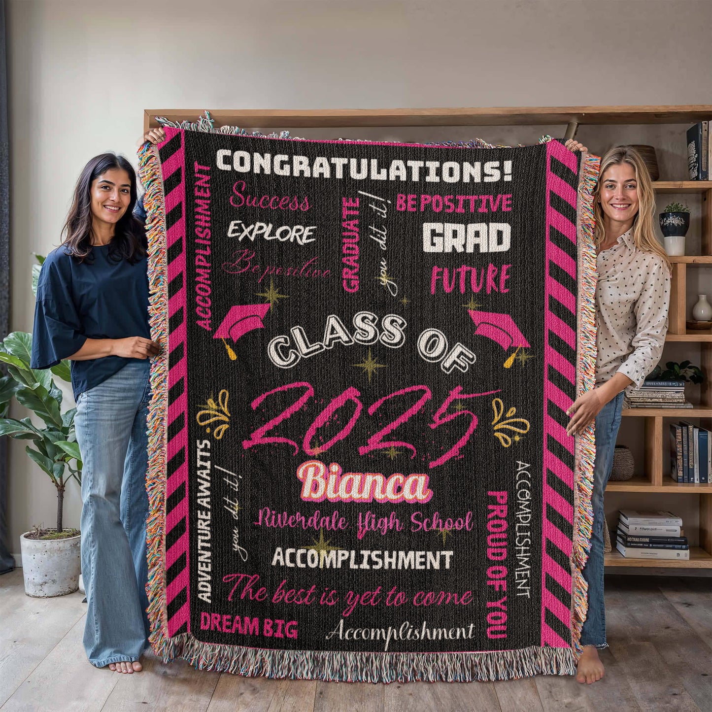 Heirloom Woven Blanket - Graduation Keepsake - Black and Pink