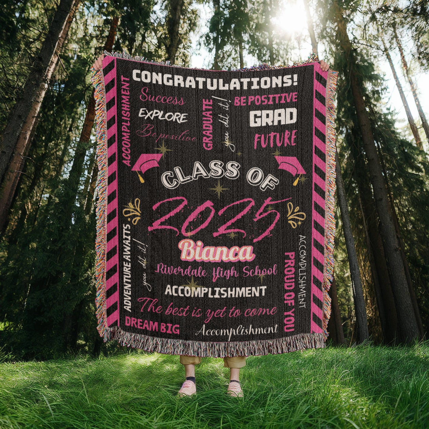 Heirloom Woven Blanket - Graduation Keepsake - Black and Pink
