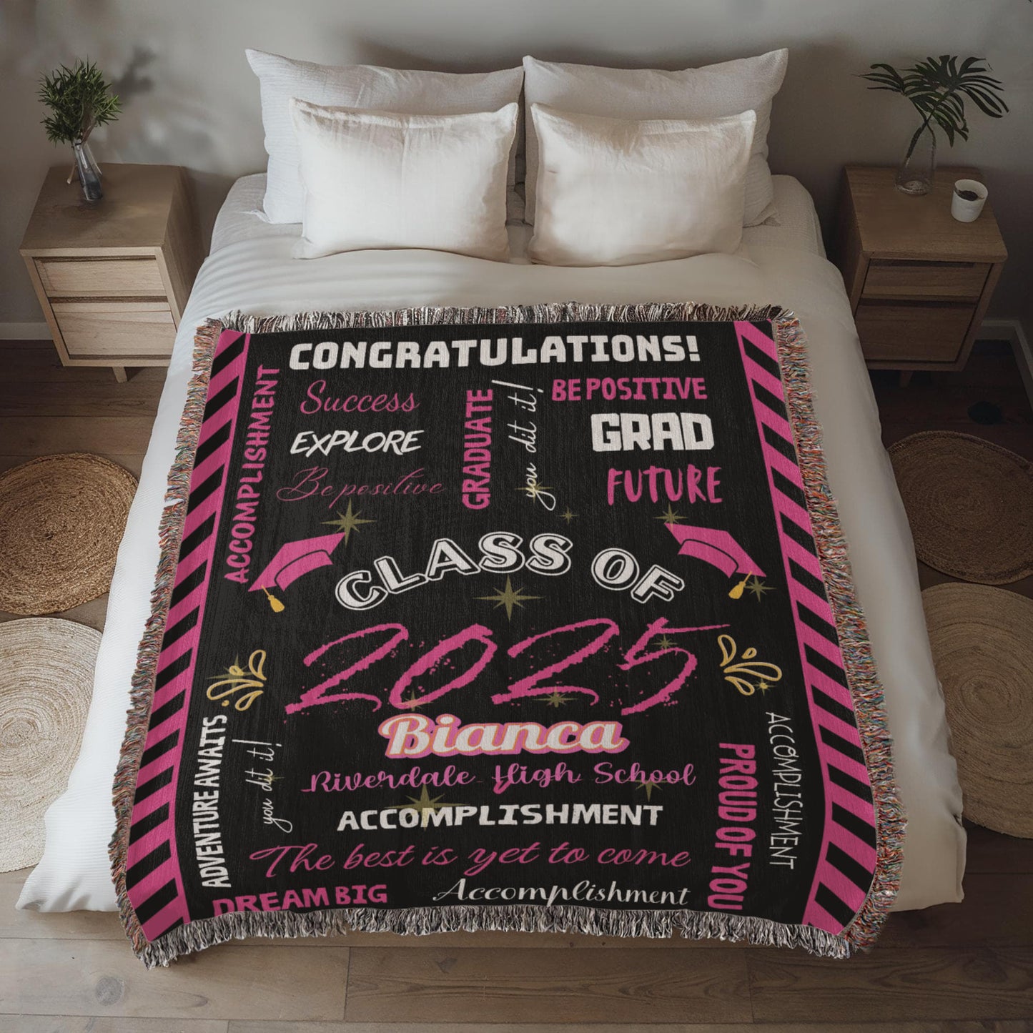 Heirloom Woven Blanket - Graduation Keepsake - Black and Pink