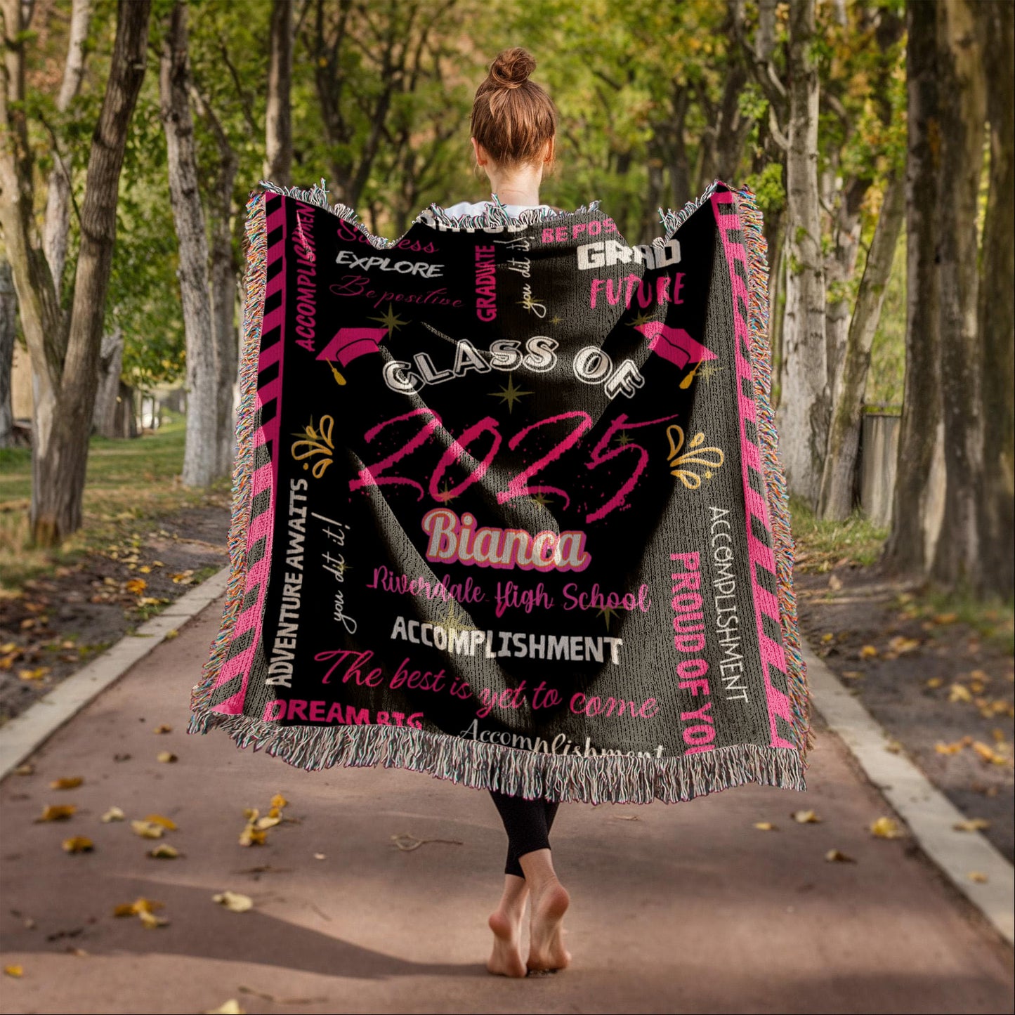 Heirloom Woven Blanket - Graduation Keepsake - Black and Pink