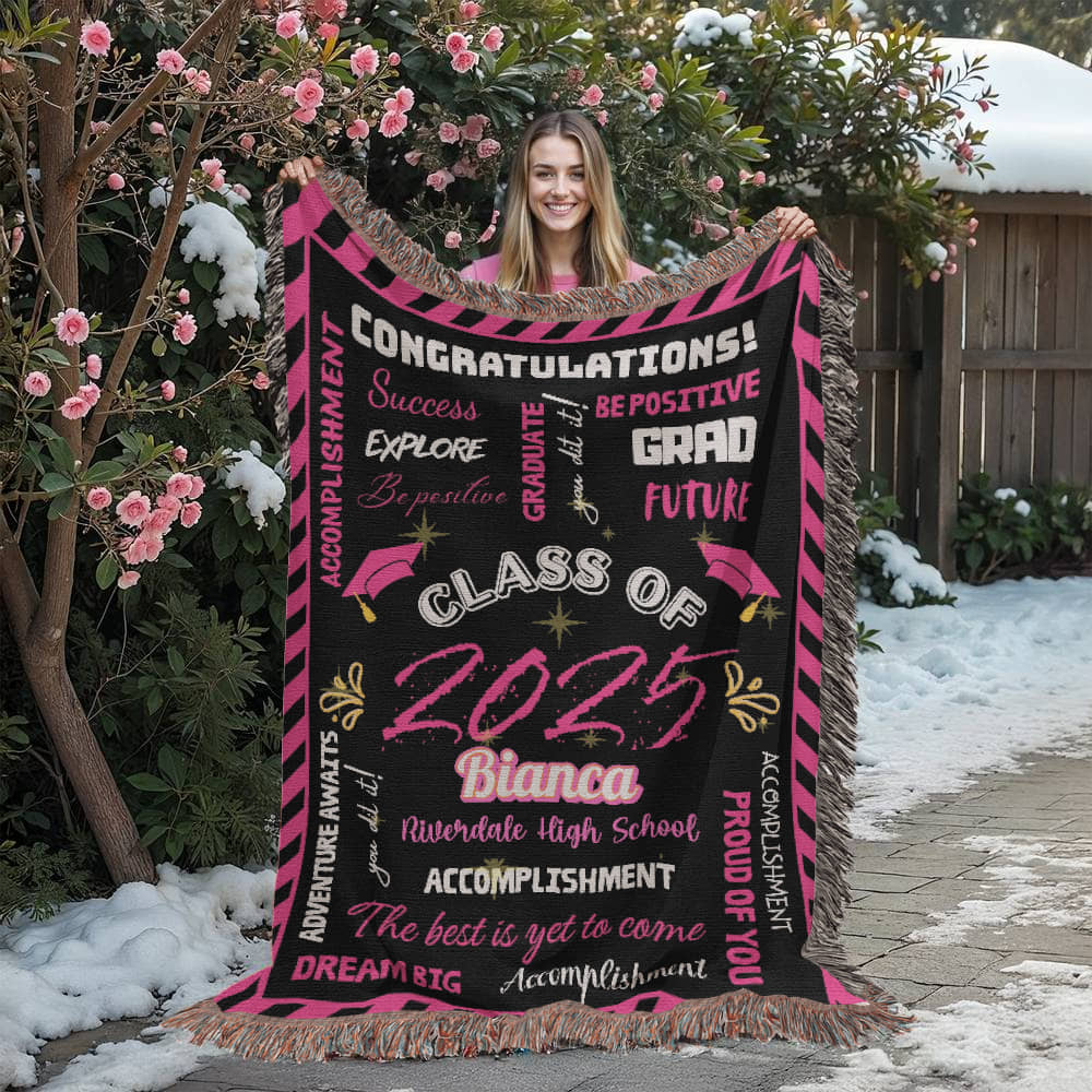 Heirloom Woven Blanket - Graduation Keepsake - Black and Pink