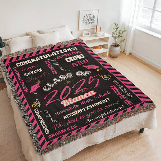Heirloom Woven Blanket - Graduation Keepsake - Black and Pink