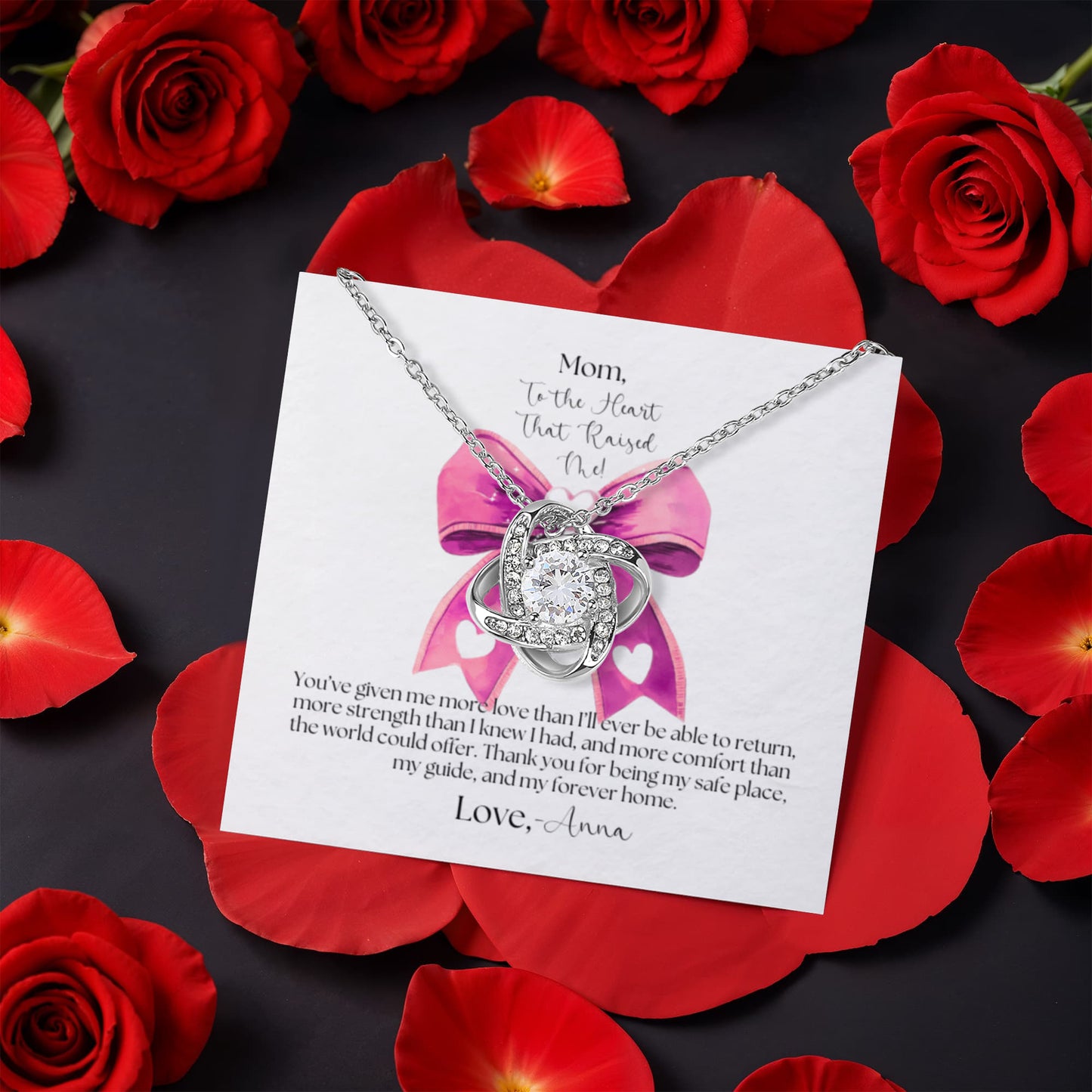 Love Knot Necklace with Rotating Rose Gift Box - To The Heart That Raised Me