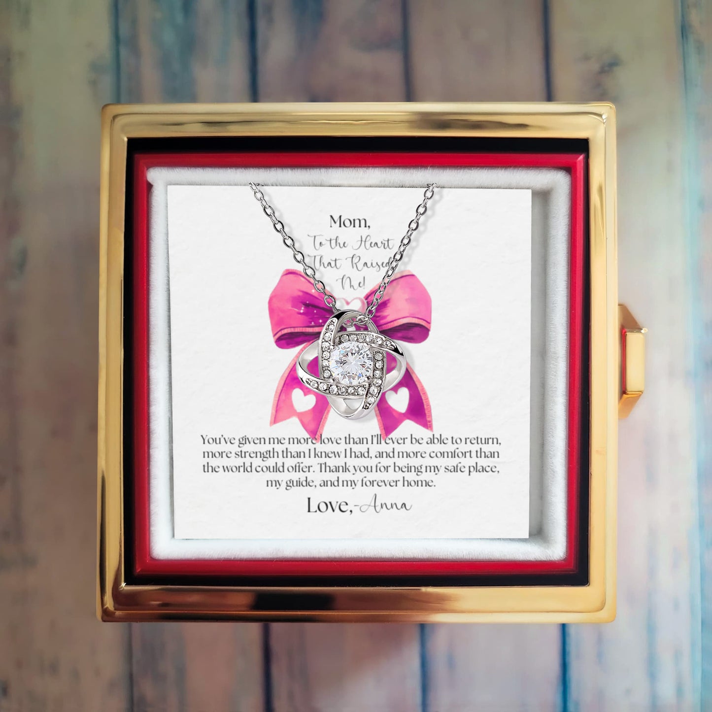Love Knot Necklace with Rotating Rose Gift Box - To The Heart That Raised Me