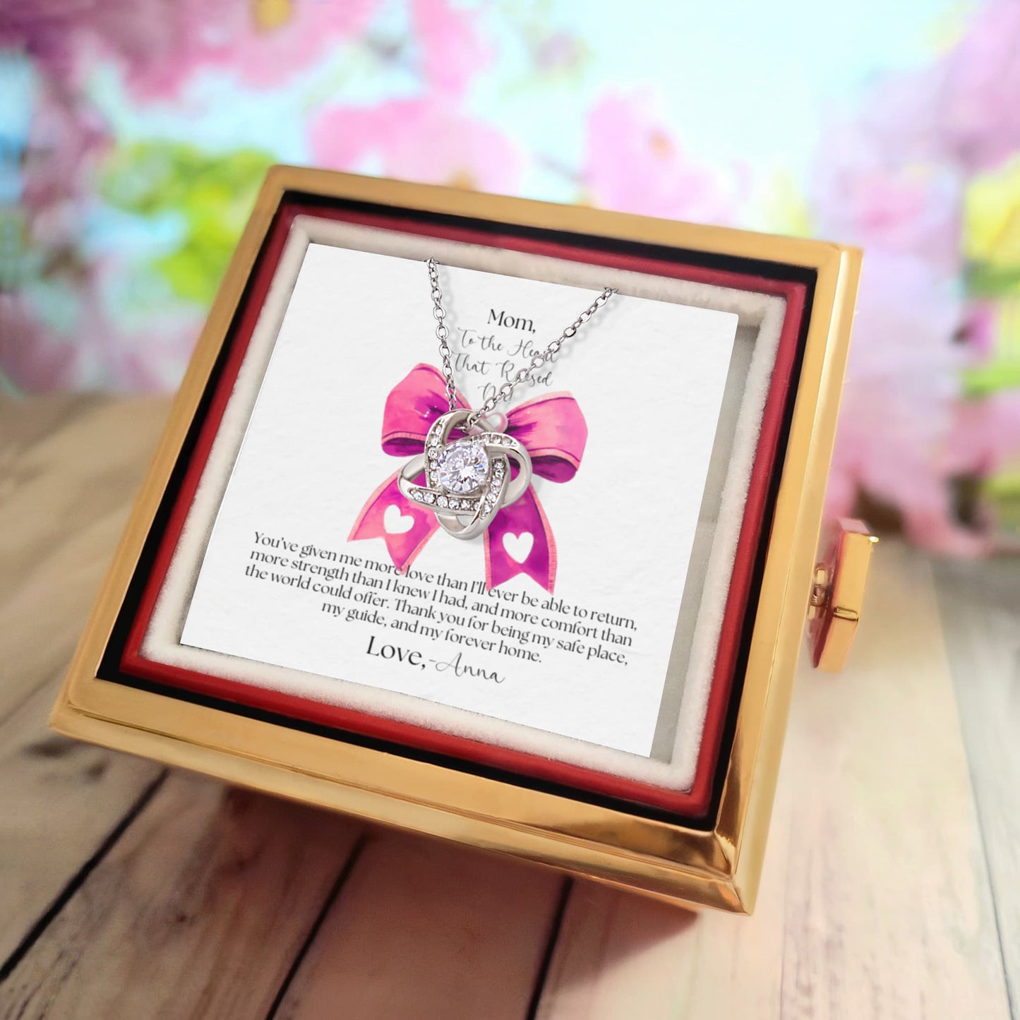 Love Knot Necklace with Rotating Rose Gift Box - To The Heart That Raised Me