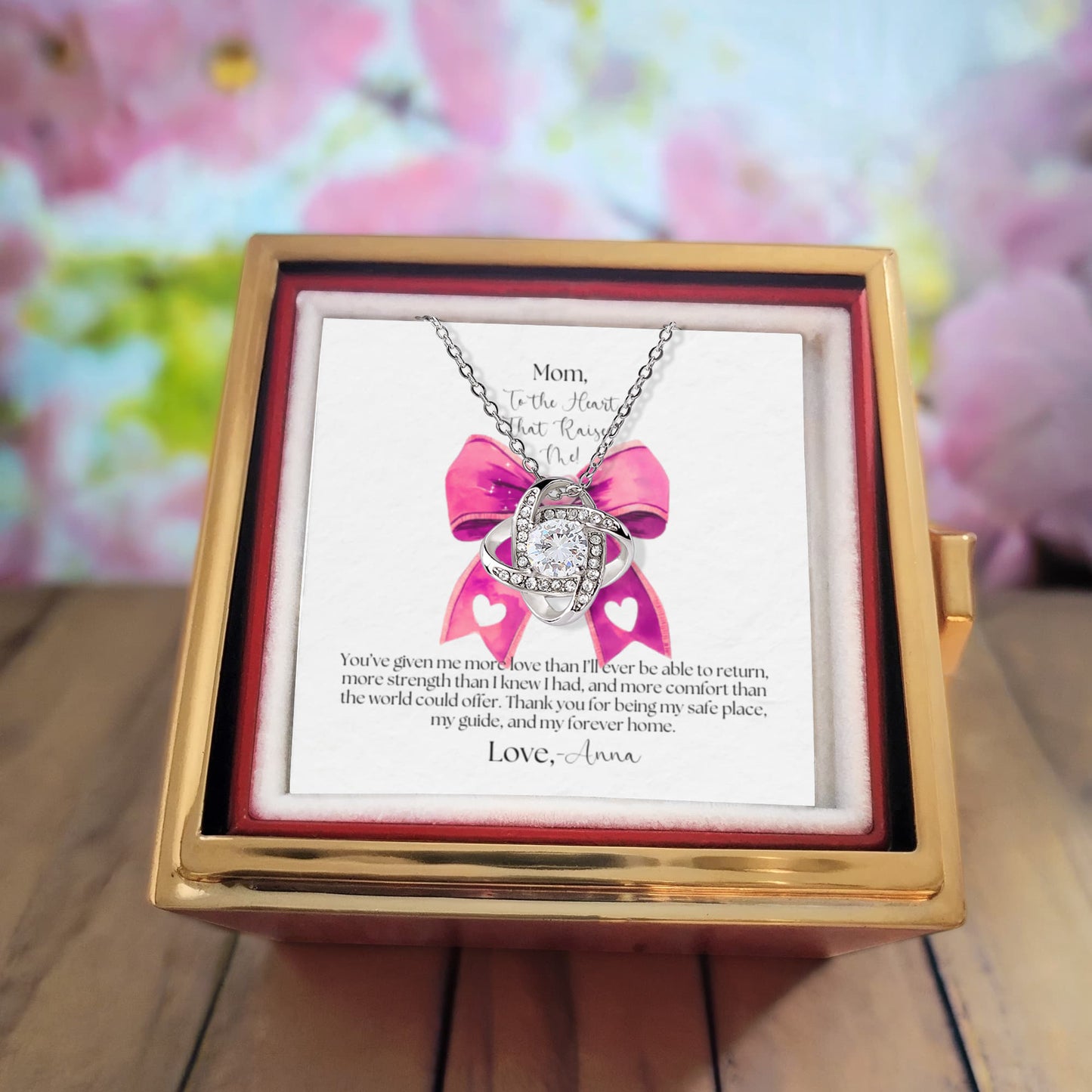 Love Knot Necklace with Rotating Rose Gift Box - To The Heart That Raised Me