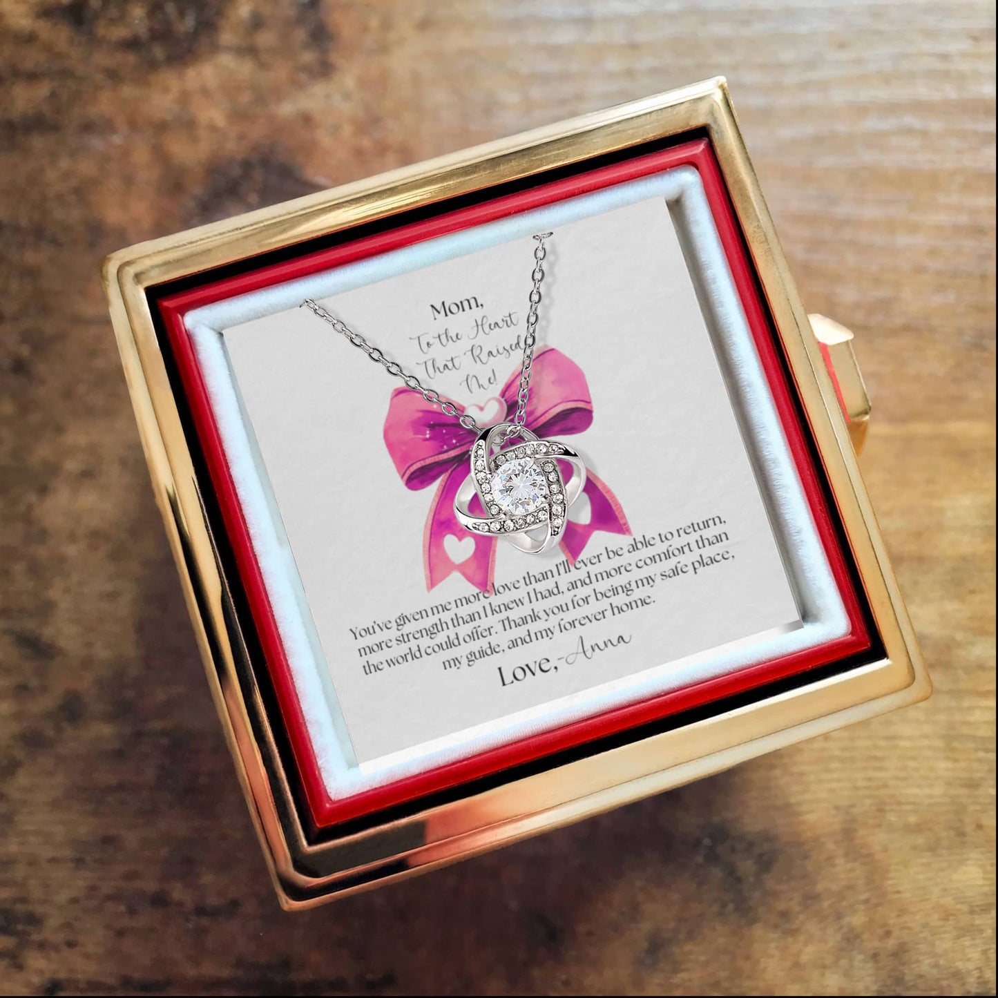 Love Knot Necklace with Rotating Rose Gift Box - To The Heart That Raised Me
