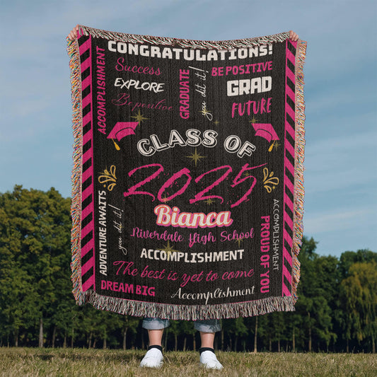 Heirloom Woven Blanket - Graduation Keepsake - Black and Pink