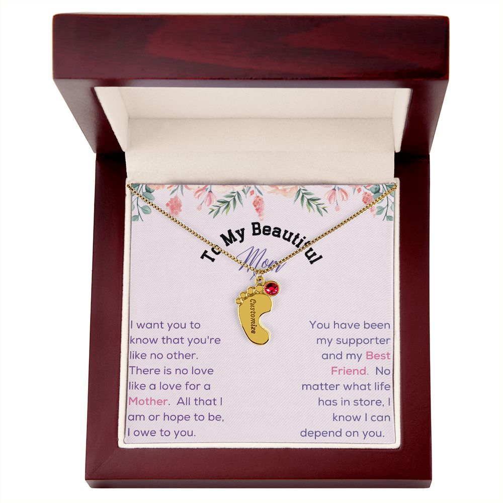 Engraved Baby Feet with Birthstone - To My Beautiful Mom