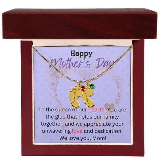 Engraved Baby Feet with Birthstone - Happy Mother's Day, To the queen of our hearts